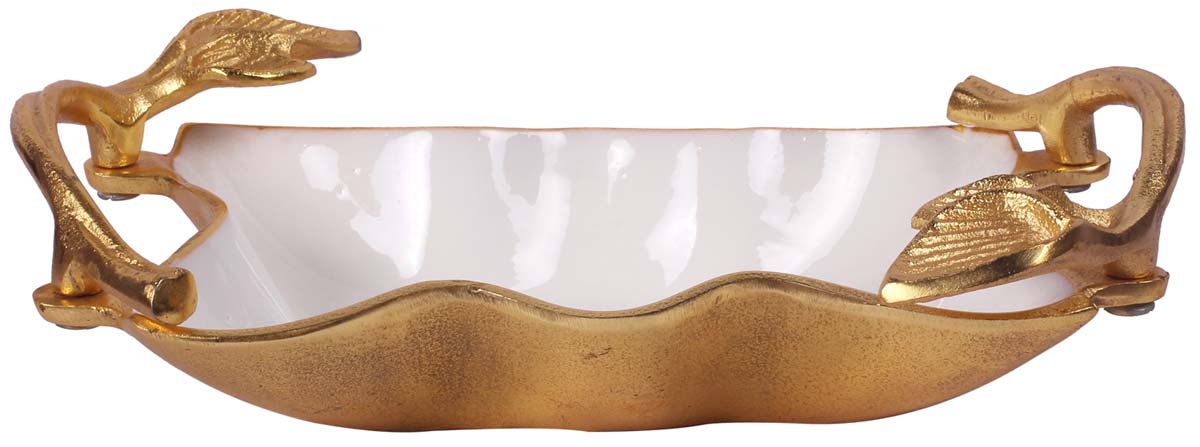 Buy in Bulk Wholesale Metal Tray - 12” Decorative Bowl with Leaf Handles & Scalloped Edges - Golden White - Modern Home Decor/Accessory Holder
